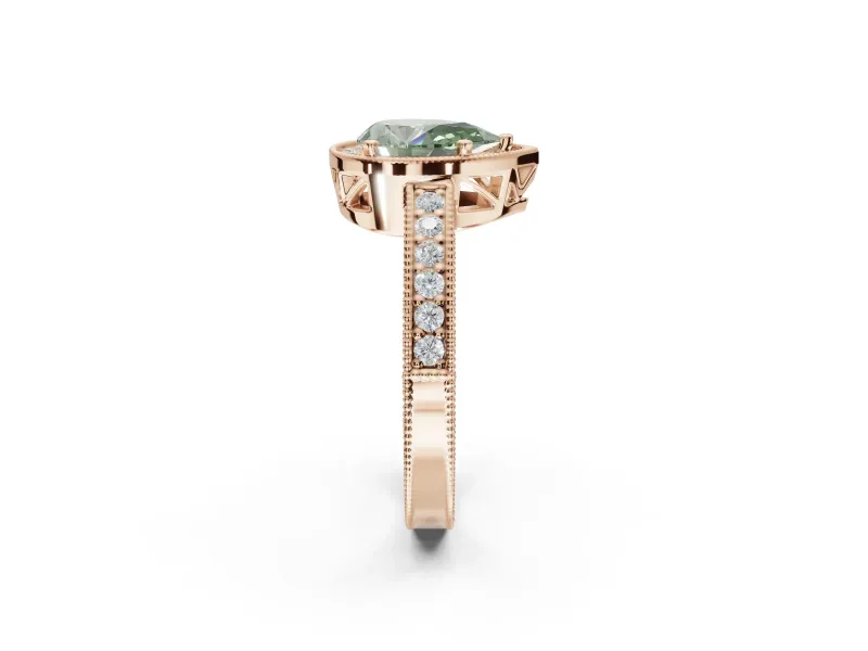 Pear-Shaped Milgrain Halo Engagement Ring Setting for a Fancy Green Lab-Grown Diamond | Wide Pavé Band | Rose Gold