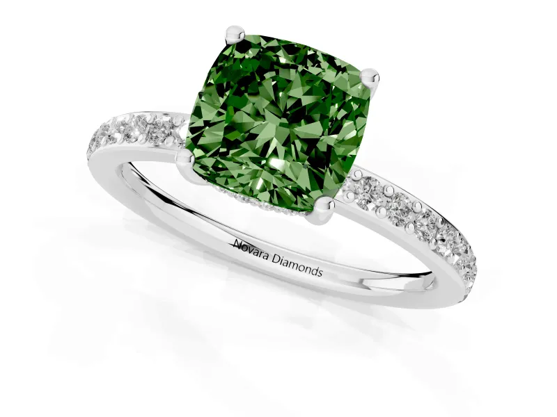 Fancy Green Cushion Cut Diamond Pavé Band Ring Set in Platinum with Prong-Set Center Stone
