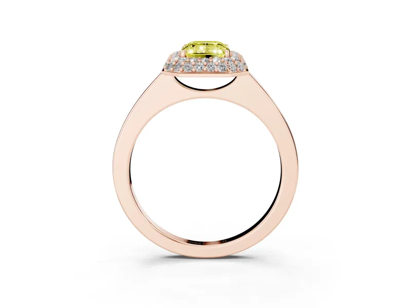 Emerald Cut Pave Halo Engagement Ring Setting for a Fancy Yellow Lab-Grown Diamond | Slim Plain Band | Rose Gold