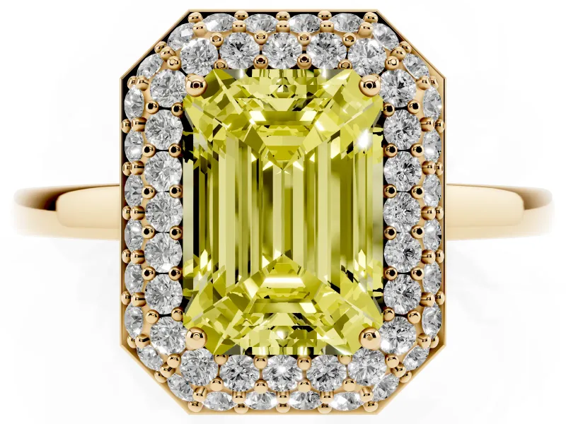 Fancy Yellow Emerald Cut Diamond Halo Engagement Ring Set in Yellow gold with Solitaire Band and Prong Setting