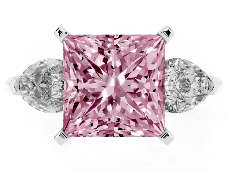 Fancy Pink Three-Stone Princess Cut Diamond Ring Set in Silver with Pear Side Stones and Prong Setting