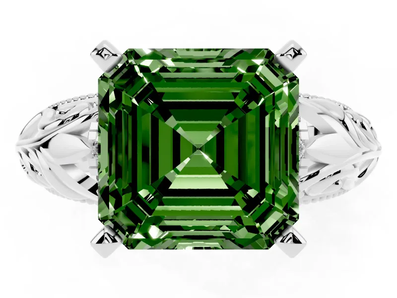 Fancy Green Asscher Cut Diamond Filigree Halo Engagement Ring Set in White gold with Prong Setting