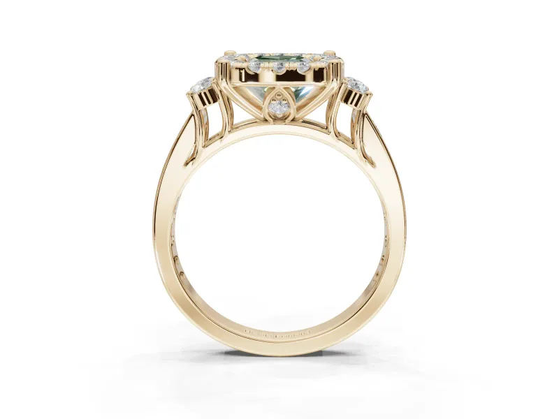 Cushion Cut Halo Engagement Ring Setting for a Fancy Green Lab-Grown Diamond | Graduated Channel Band | Yellow Gold