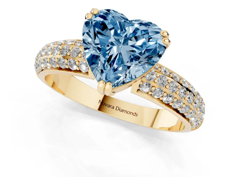 Heart-Shaped Three Row Pave Engagement Ring Setting for a Fancy Blue Lab-Grown Diamond | Yellow Gold