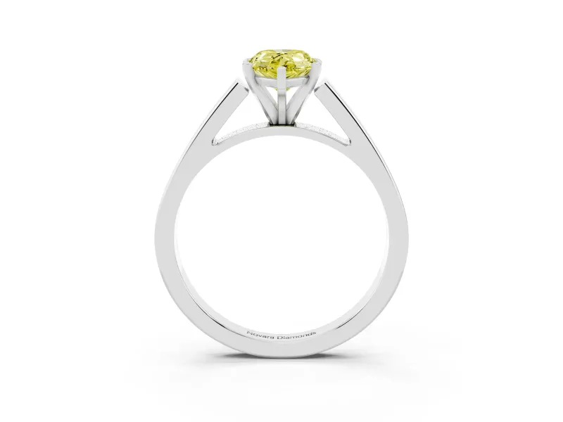 Fancy Yellow Pear Cut Diamond Solitaire Engagement Ring Set in White gold with Prong Setting and Tapered Band