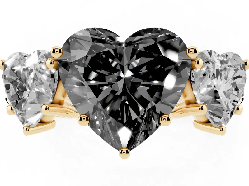 Fancy Black Heart Cut Diamond Three-Stone Ring Set in Yellow gold with Pavé Band