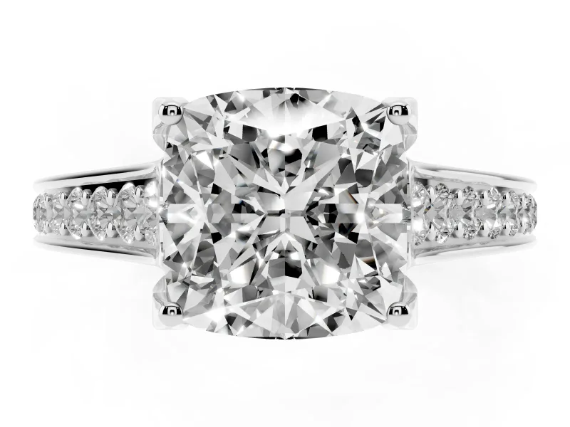 Cushion Cut Diamond Solitaire Pavé Engagement Ring Set in White gold with Prong Setting