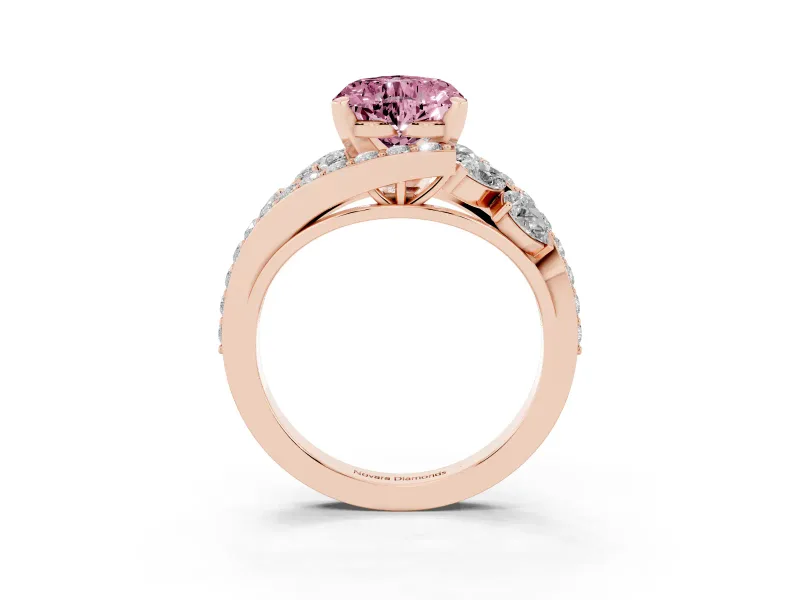 Fancy Pink Heart Cut Diamond Halo Ring Set in Rose gold with Marquise and Pavé Band in Prong Setting
