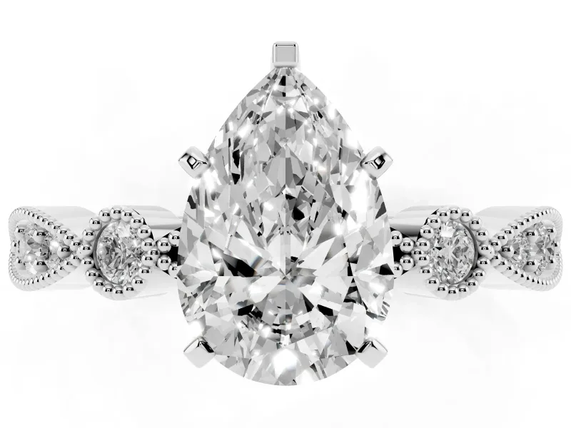 Pear Cut Diamond Solitaire Engagement Ring Set in Platinum with Milgrain Bezel Accent Band