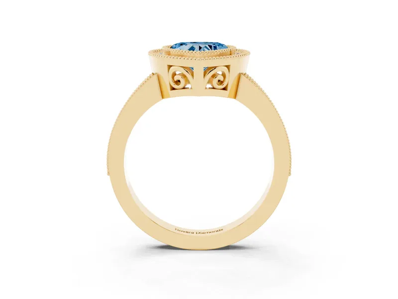 Fancy Blue Heart Cut Diamond Round Halo Ring Set in Yellow gold with Pavé Band