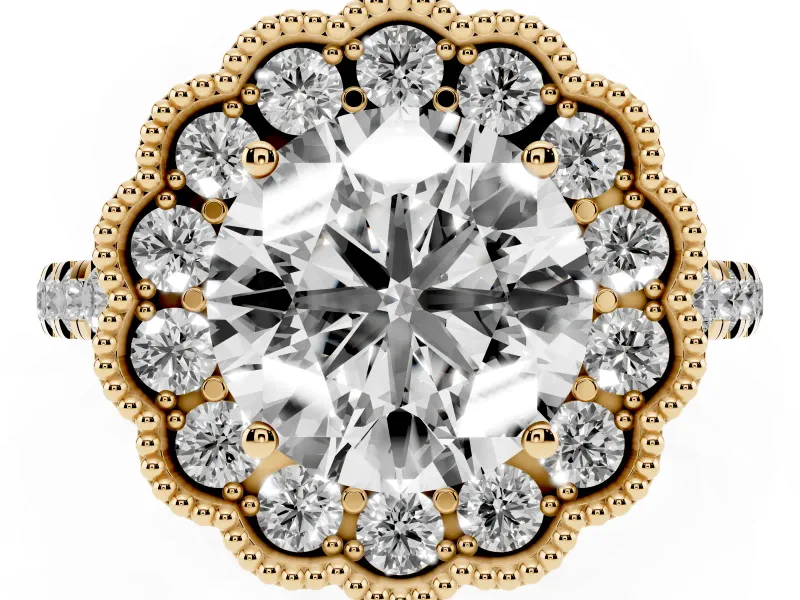 Round Vintage Milgrain Floral Halo Engagement Ring Setting | Pavé Band | Yellow Gold