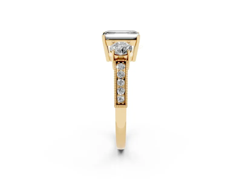 Fancy Black Emerald Cut Diamond Three-Stone Ring Set in Yellow gold with Round Side Stones and Pavé Band
