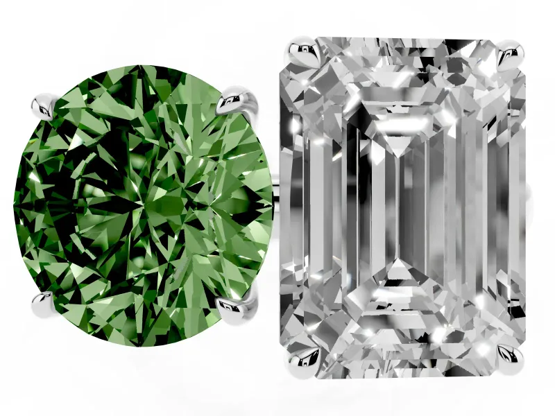Fancy Green Round Cut and Emerald Cut Toi Moi Ring Set in White gold with Prong Setting