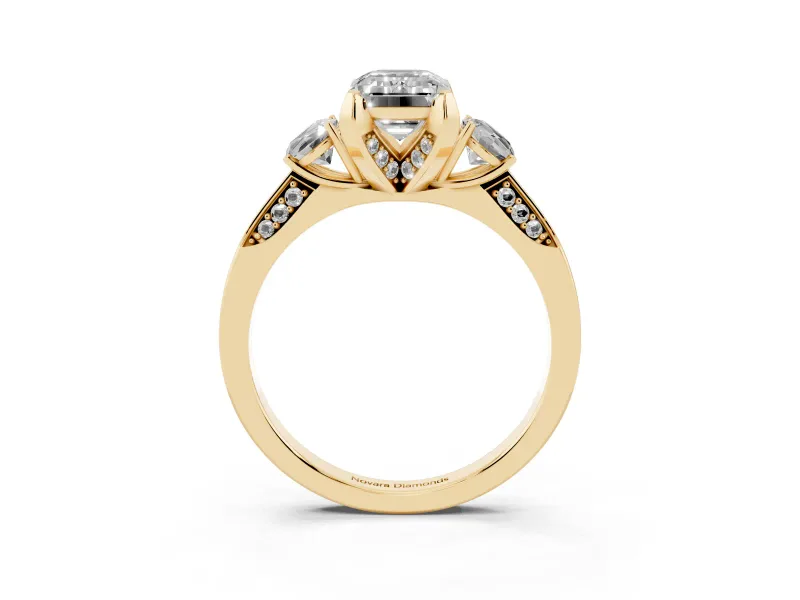 Emerald Cut Hidden Halo Three Stone Engagement Ring Setting for a Fancy Yellow Lab-Grown Diamond | Yellow Gold