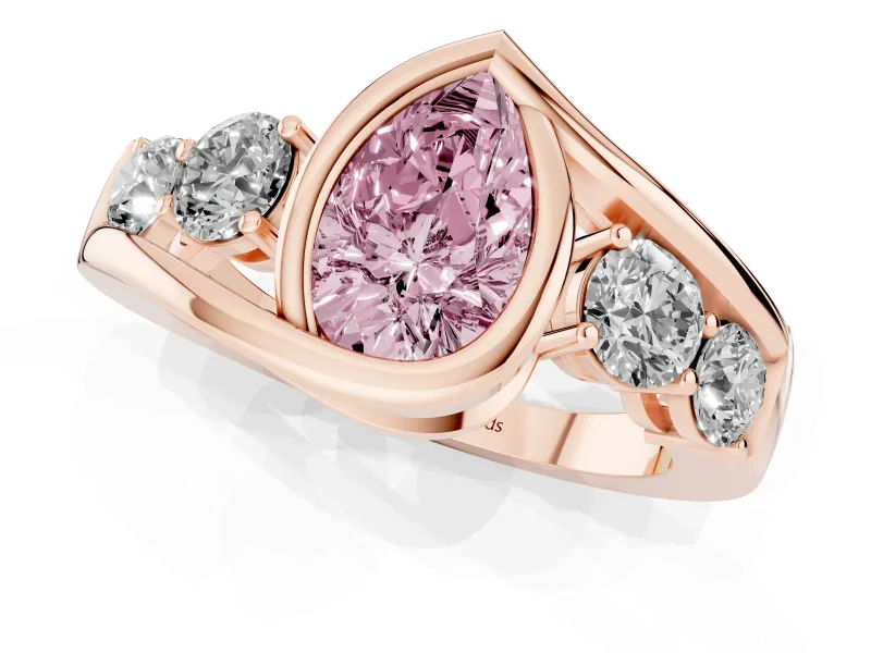 Fancy Pink Pear Cut Diamond Bezel Bypass Ring Set in Rose gold with Round Accents