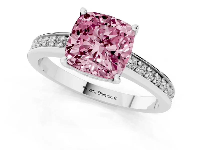 Cushion Cut Pave Engagement Ring Setting for a Fancy Pink Lab-Grown Diamond | Accented Basket | Sterling Silver