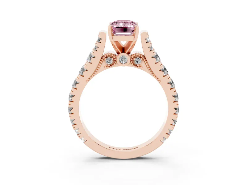 Fancy Pink Emerald Cut Diamond Classic Solitaire Ring Set in Rose gold with Pavé Band and Prong Setting