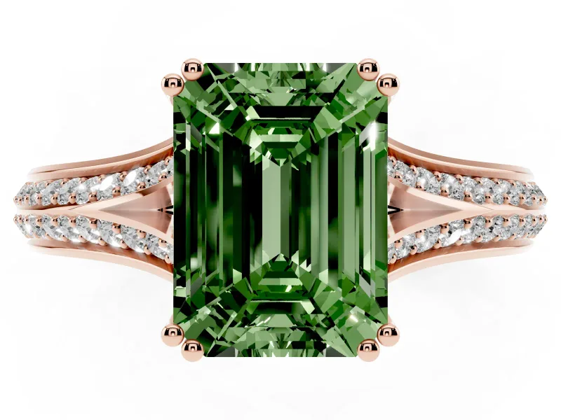 Emerald Cut Split Shank Engagement Ring Setting for a Fancy Green Lab-Grown Diamond | Pave Band | Rose Gold