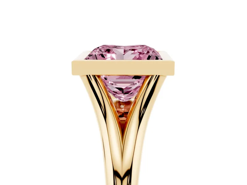 Fancy Pink Bezel Set Princess Cut Diamond Solitaire Ring Set in Yellow gold with Tapered Band