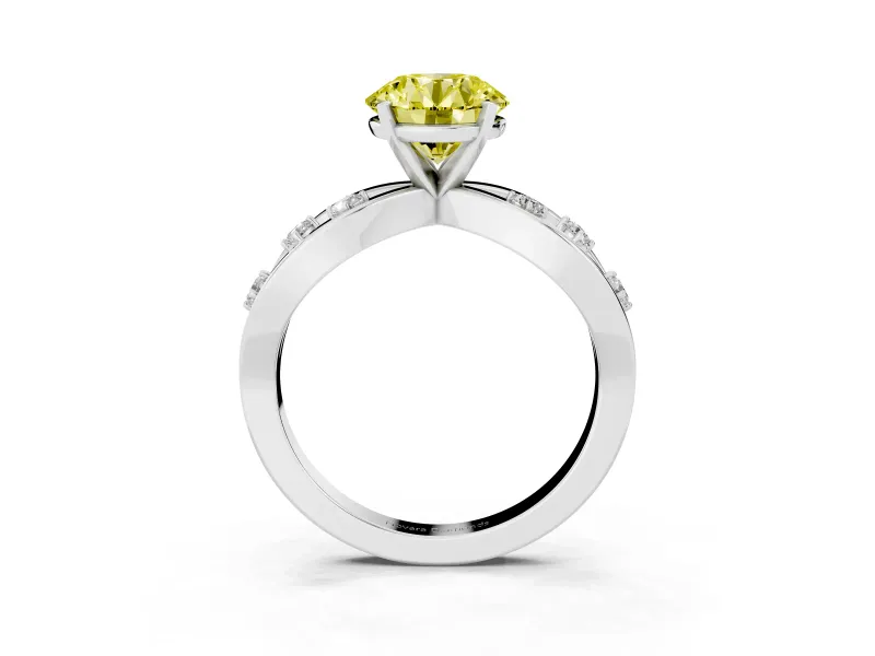 Fancy Yellow Round Cut Diamond Solitaire Ring Set in Silver with Side Stones on Criss-Cross Band and Prong Setting
