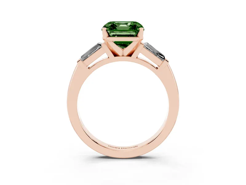 Fancy Green Asscher Cut Diamond Solitaire Ring Set in Rose gold with Tapered Baguette Side Stones and Prong Setting