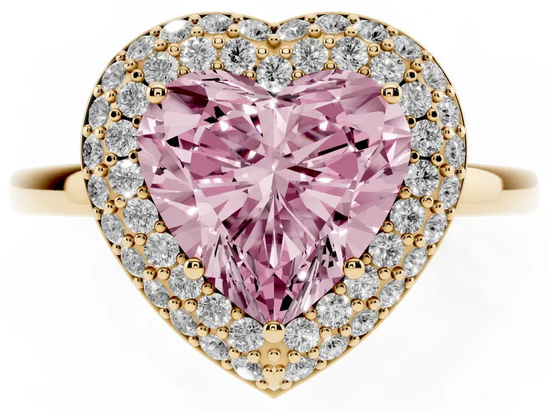 Fancy Pink Heart Cut Diamond Halo Engagement Ring Set in Yellow gold with Solitaire Band and Prong Setting
