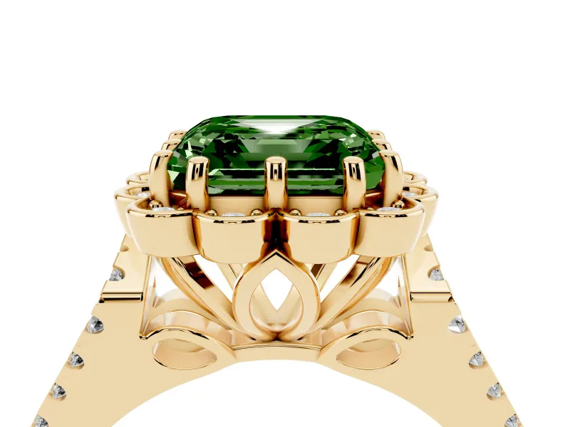 Asscher Cut Floral Halo Engagement Ring Setting for a Fancy Green Lab-Grown Diamond | Pavé Split Shank | Yellow Gold