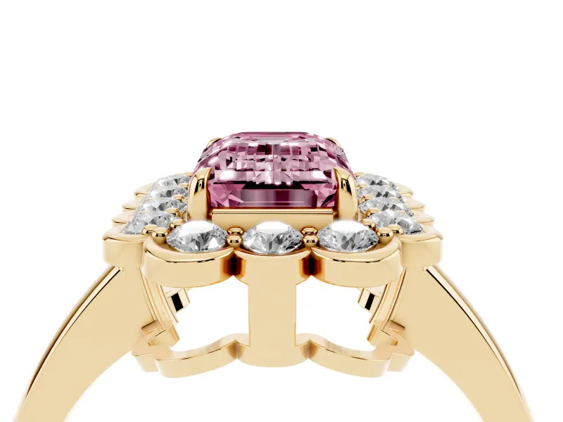 Emerald Cut Scalloped Cluster Halo Engagement Ring Setting for a Fancy Pink Lab-Grown Diamond | Plain Band | Yellow Gold
