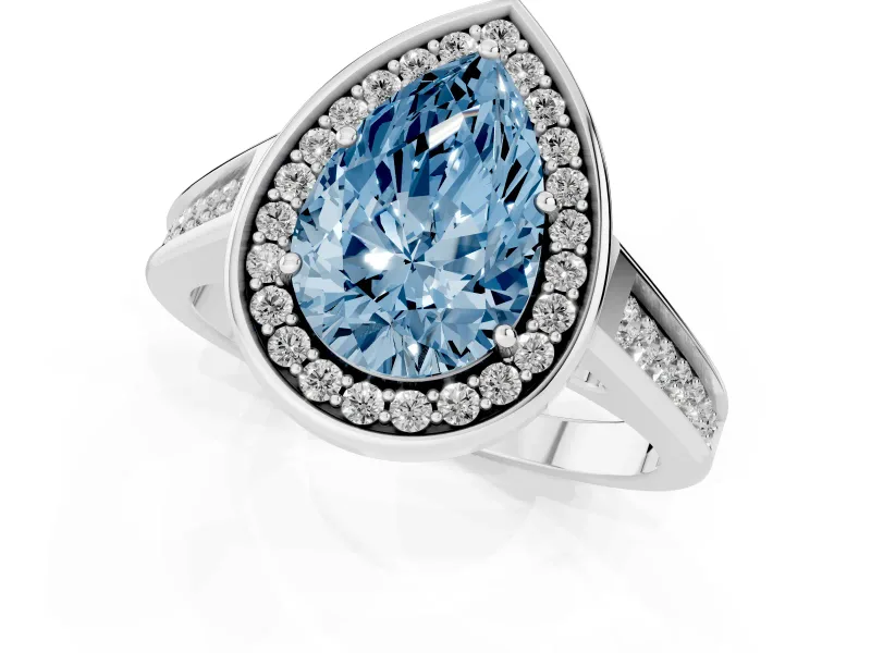Fancy Blue Pear Cut Diamond Halo Solitaire Ring Set in Silver with Pavé Band and Bezel Setting