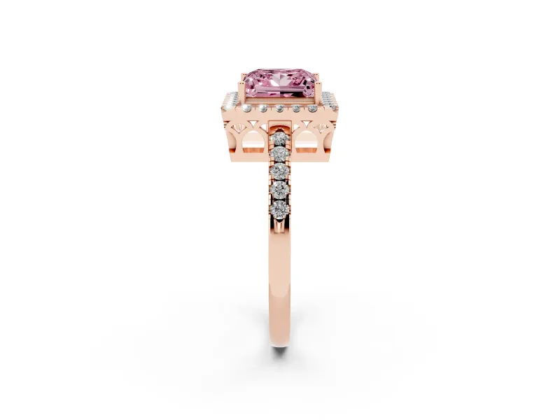 Fancy Pink Princess Cut Diamond Pavé Band Halo Engagement Ring Set in Rose gold with Prong Setting