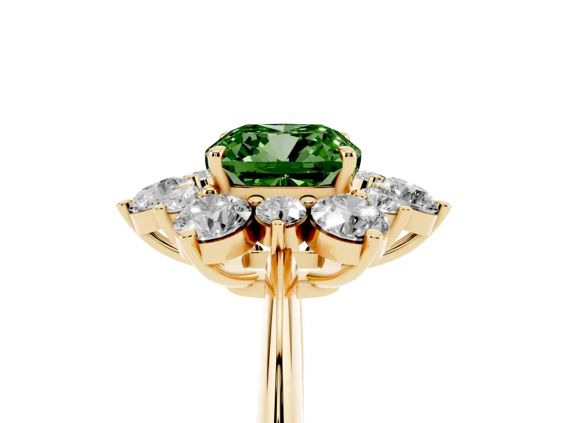 Cushion Cut Cluster Halo Engagement Ring Setting for a Fancy Green Lab-Grown Diamond | Yellow Gold