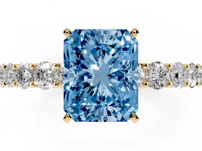 Radiant Cut Shared Prong Engagement Ring Setting for a Fancy Blue Lab-Grown Diamond | Yellow Gold