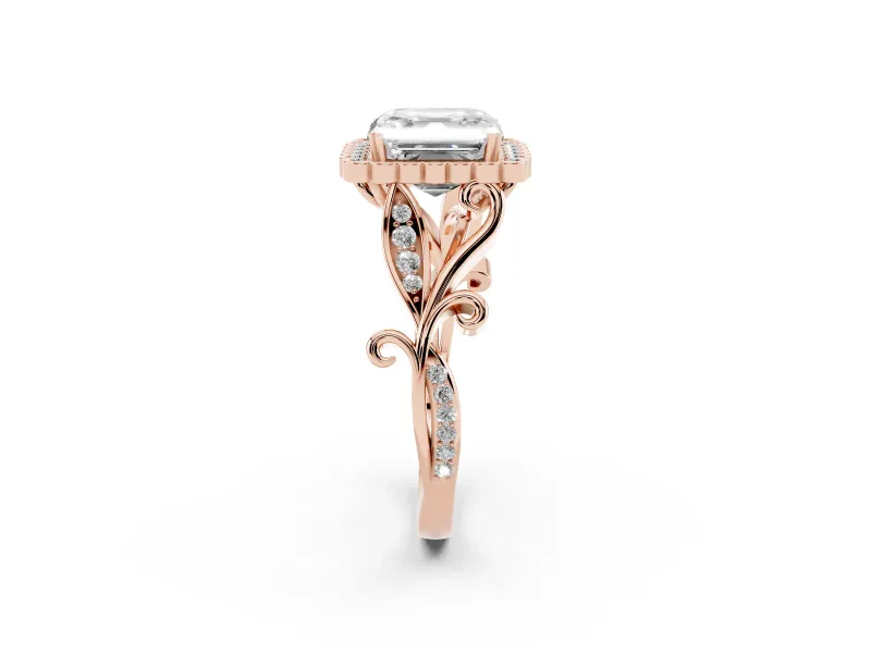 Asscher Cut Vintage Leaf Halo Engagement Ring Setting | Graduated Vine Shank | Rose Gold
