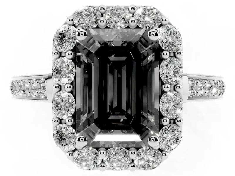 Fancy Black Emerald Cut Diamond Floral Halo Ring Set in Silver with Pavé Band and Prong Setting