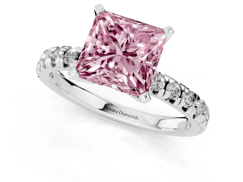 Fancy Pink Princess Cut Diamond Solitaire Pavé Engagement Ring Set in Platinum with Round Band and Prong Setting