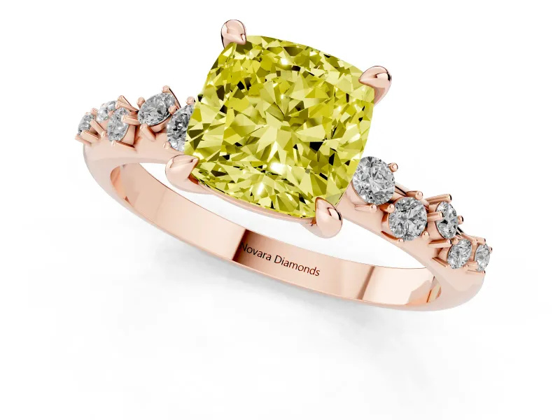 Cushion Cut Graduated Engagement Ring Setting for a Fancy Yellow Lab-Grown Diamond | Rose Gold