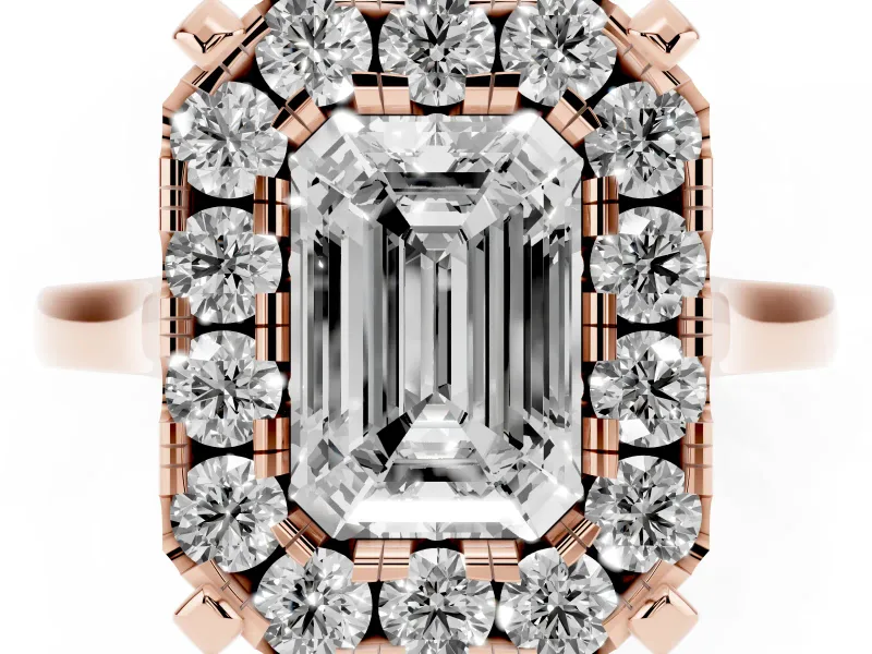 Emerald Cut Claw Corner Halo Engagement Ring Setting | Slim Plain Band | Rose Gold