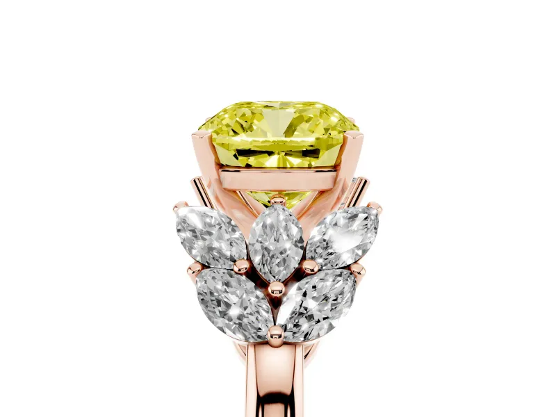 Fancy Yellow Cushion Cut Diamond Cluster Leaf Design Ring Set in Rose gold with Prong Setting