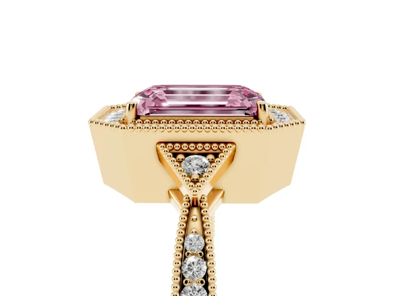 Emerald Cut Milgrain Halo Engagement Ring Setting for a Fancy Pink Lab-Grown Diamond | Graduated Pavé | Yellow Gold