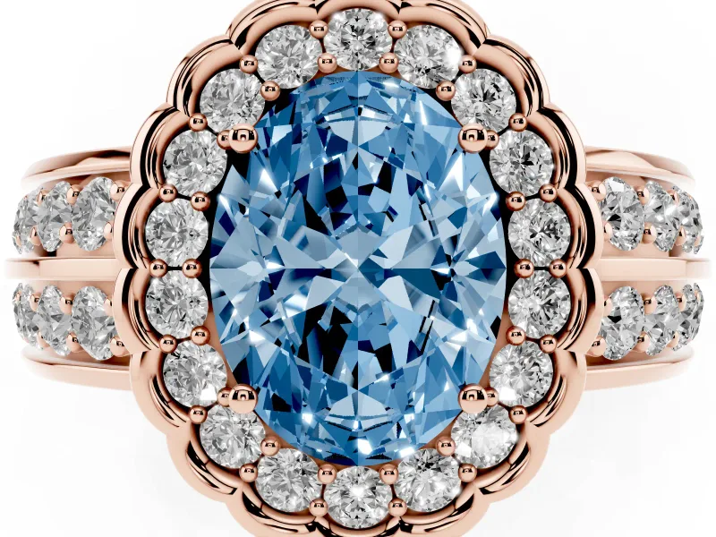 Oval Scalloped Halo Engagement Ring Setting for a Fancy Blue Lab-Grown Diamond | Double Row Band | Rose Gold