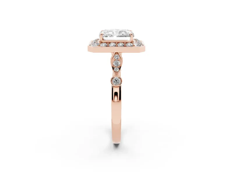 Radiant Cut Vintage Halo Engagement Ring Setting | Bezel Station Shoulders | Rose Gold