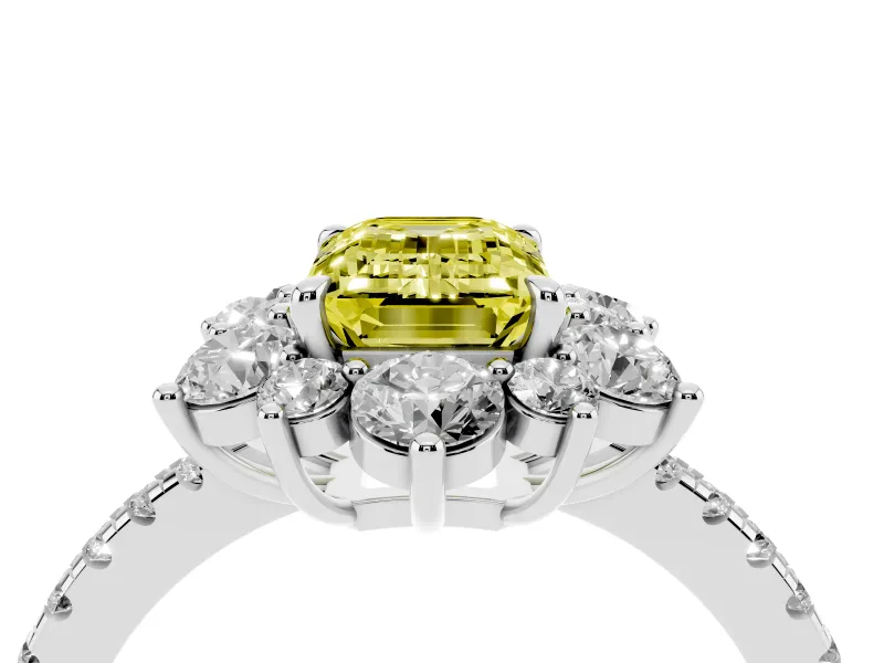 Fancy Yellow Emerald Cut Diamond Floral Halo Ring Set in Platinum with Round Pavé Band and Prong Setting