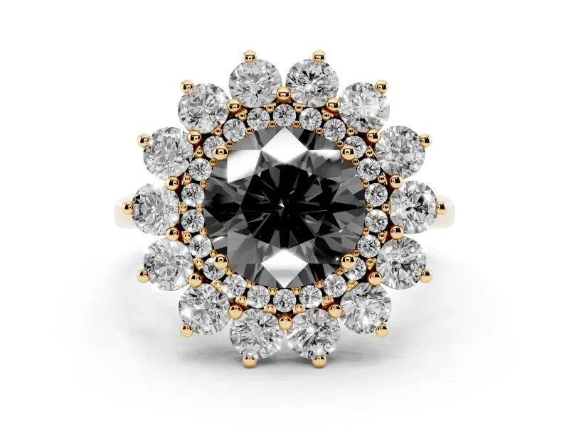 Fancy Black Round Cut Diamond Floral Double Halo Ring Set in Yellow gold with Round Petals