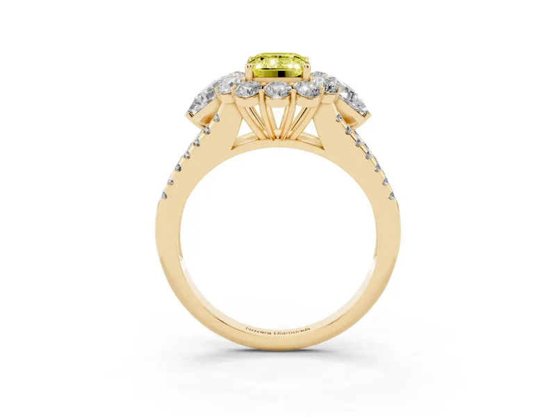 Emerald Cut Scalloped Halo Engagement Ring Setting for a Fancy Yellow Lab-Grown Diamond | Pear Side Stones | Yellow Gold