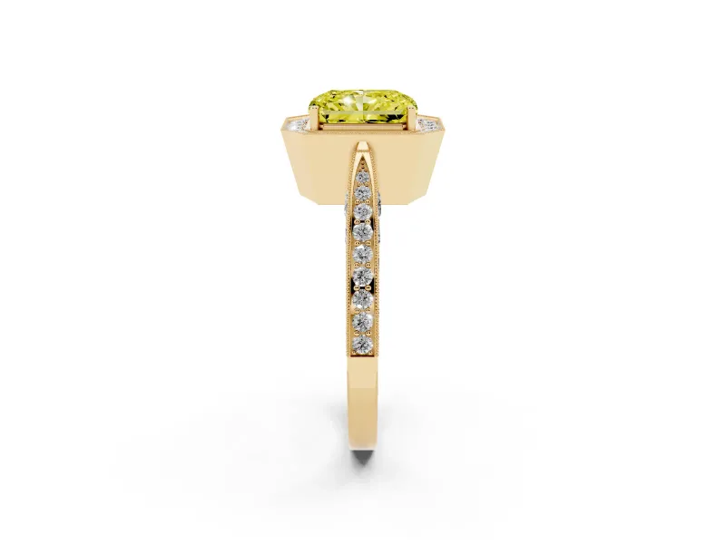 Radiant Cut Milgrain Halo Engagement Ring Setting for a Fancy Yellow Lab-Grown Diamond | Side Stones | Yellow Gold