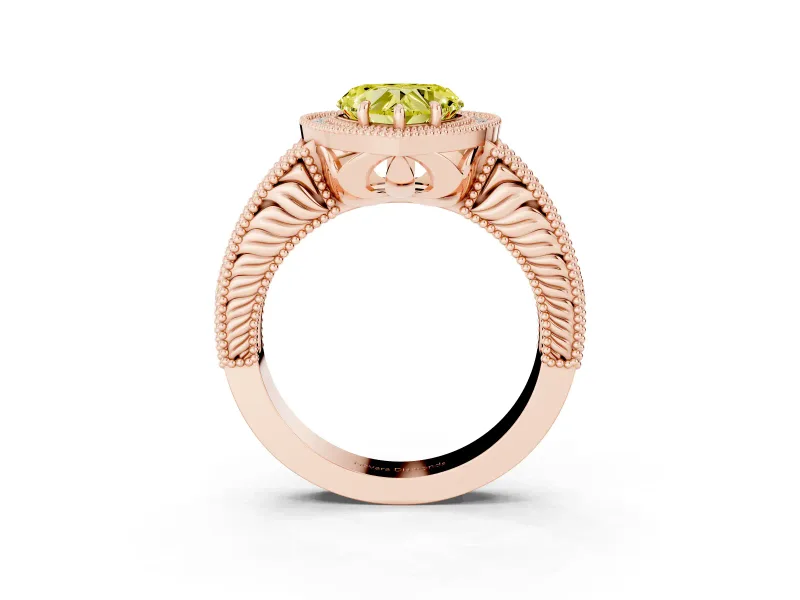 Fancy Yellow Heart Cut Diamond Halo Ring Set in Rose gold with Round Accent Halo, Pavé Band and Prong Setting