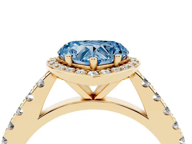 Fancy Blue Heart Cut Diamond Halo Engagement Ring Set in Yellow gold with Pavé Band and Prong Setting