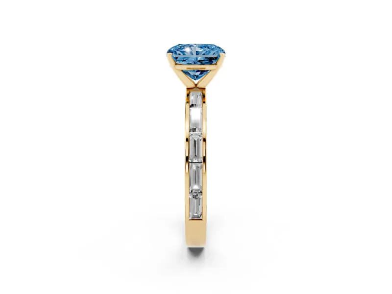 Fancy Blue Radiant Cut Diamond Solitaire Ring Set in Yellow gold with Channel-Set Baguette Band and Prong Setting