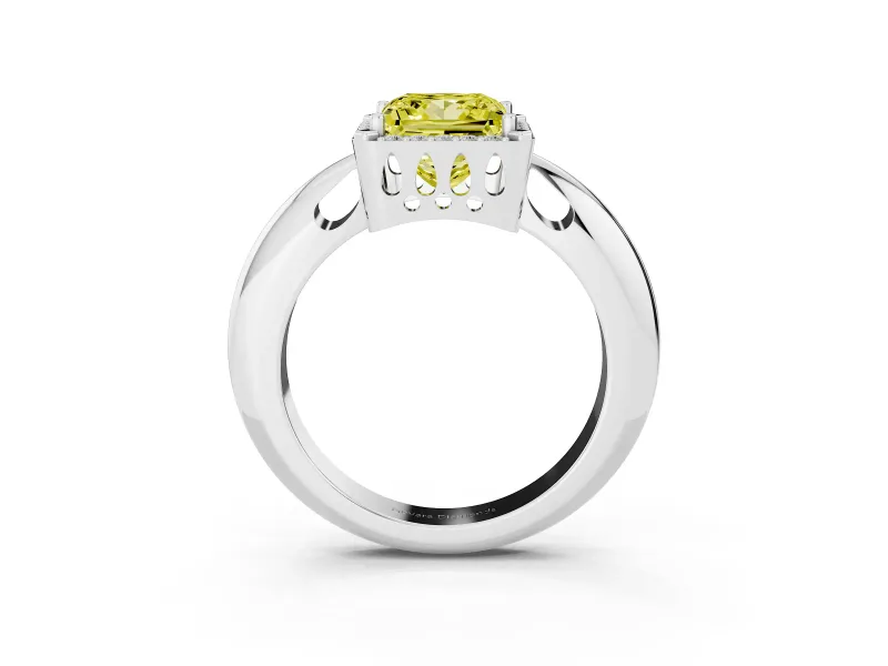 Fancy Yellow Princess Cut Diamond Halo Engagement Ring Set in Platinum with Plain Split Shank and Prong Setting