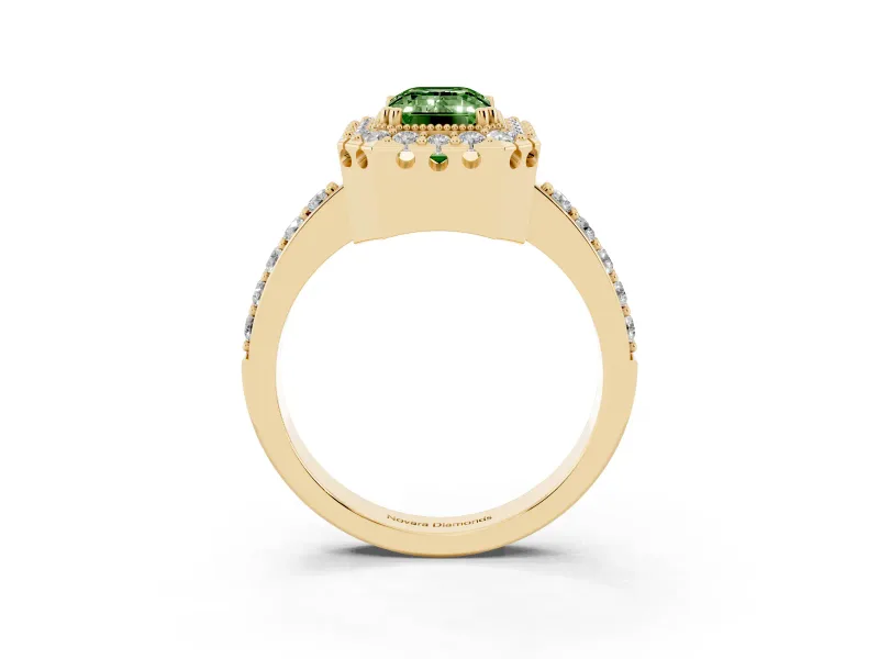 Emerald Cut Milgrain Halo Engagement Ring Setting for a Fancy Green Lab-Grown Diamond | Pavé Shoulders | Yellow Gold